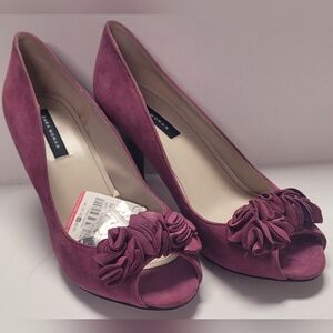 Zara Mauve Suede Peep-Toe Pumps with Rosette Accent